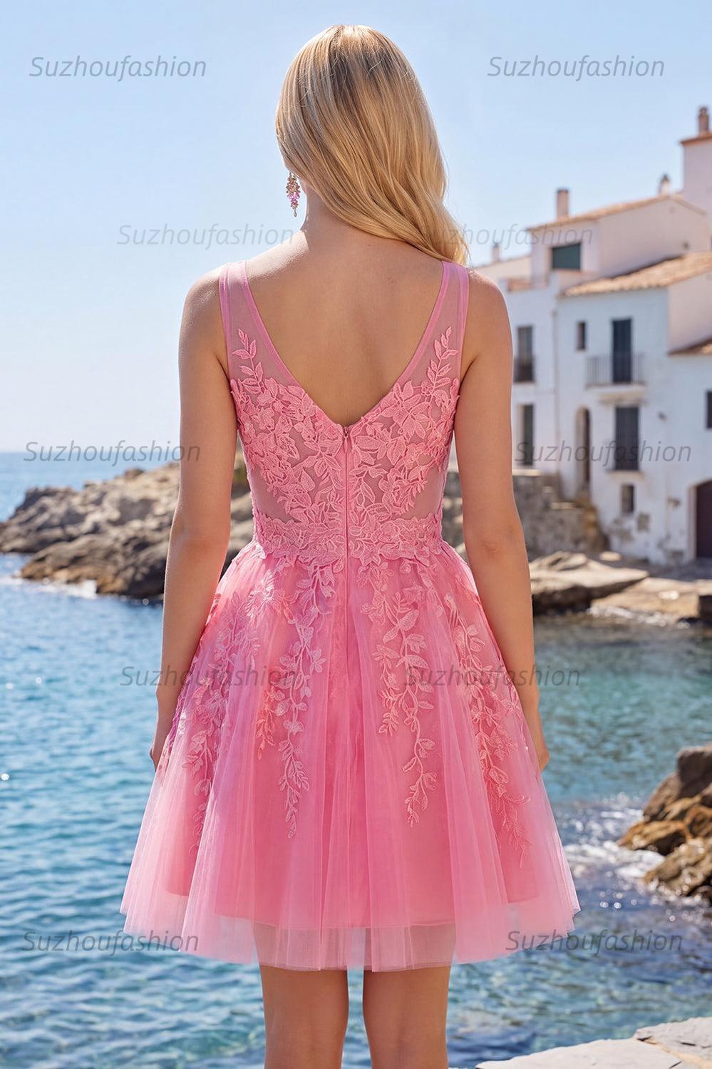 Suzhoufashion A Line Hot Pink Lace Appliqued V-Neck Short Homecoming Dress