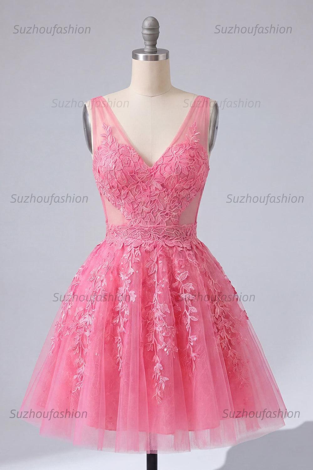 Suzhoufashion A Line Hot Pink Lace Appliqued V-Neck Short Homecoming Dress