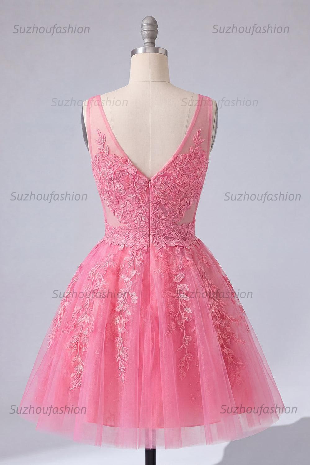 Suzhoufashion A Line Hot Pink Lace Appliqued V-Neck Short Homecoming Dress