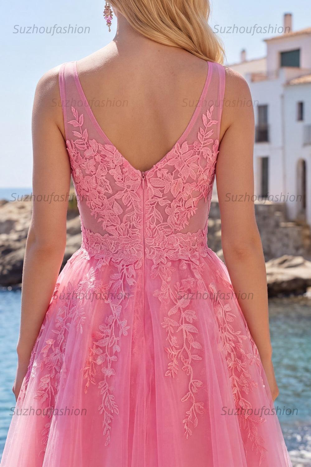 Suzhoufashion A Line Hot Pink Lace Appliqued V-Neck Short Homecoming Dress