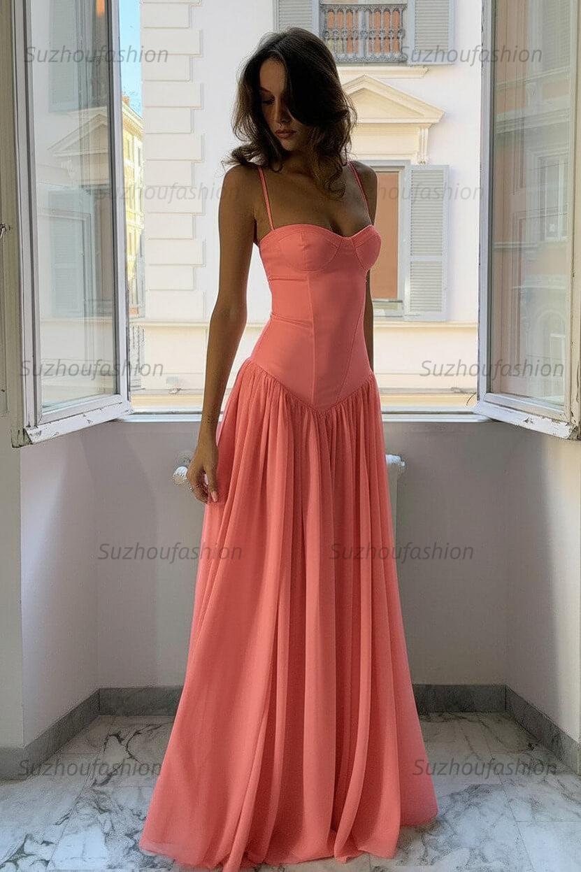 Suzhoufashion A Line Spaghetti Straps Pink Corset Prom Dress With Ruffles Formal Evening Gown