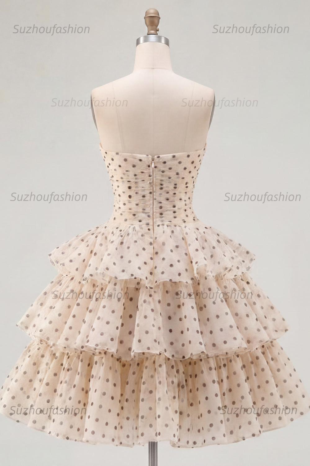 Suzhoufashion Apricot & Black Polka Dot Strapless Keyhole A-Line Short Homecoming Dress