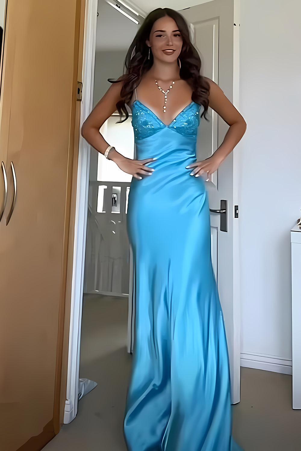 Suzhoufashion Aqua Blue Spaghetti Strap Long Satin Prom Dress With Lace Bodice Formal Evening Gown