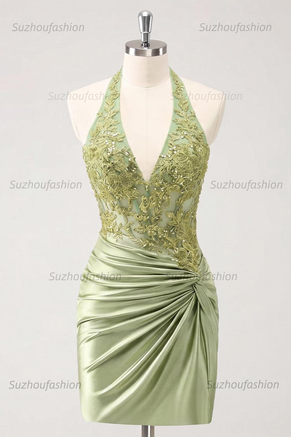 Suzhoufashion Army Green Ruched Appliqued Halter Tight Corset Short Homecoming Dress