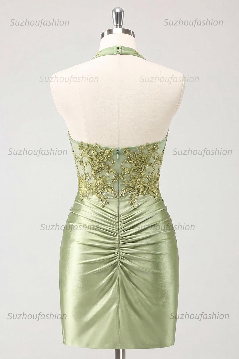 Suzhoufashion Army Green Ruched Appliqued Halter Tight Corset Short Homecoming Dress