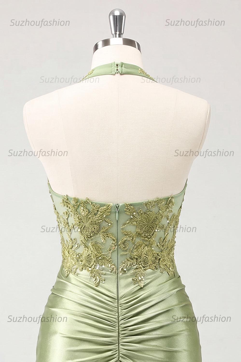 Suzhoufashion Army Green Ruched Appliqued Halter Tight Corset Short Homecoming Dress
