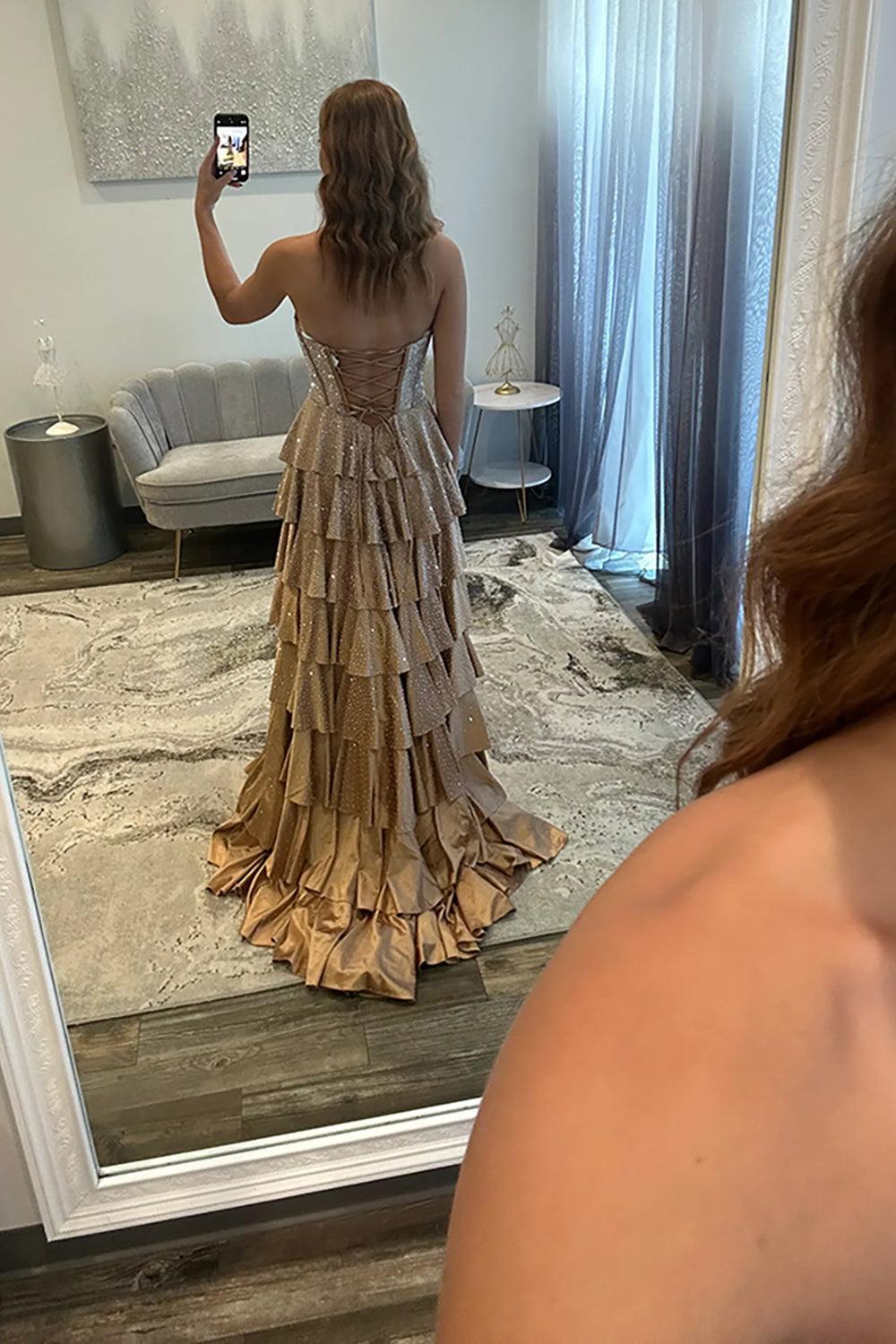Suzhoufashion Beaded Champagne Prom Dress Satin Corset Ruffled Long Formal Dress With Slit