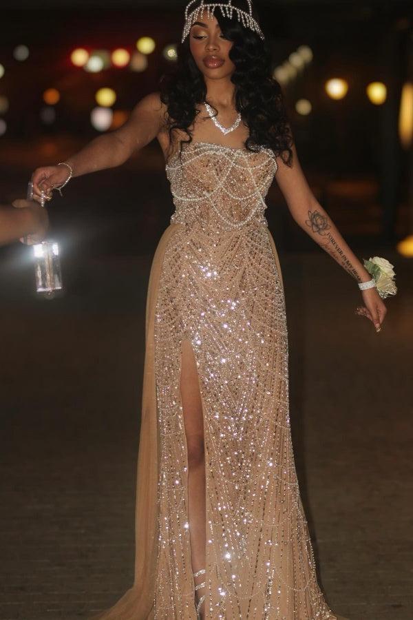 Suzhoufashion Beaded Formal Dress Strapless Sheath Wedding Party Dress with Panel Train