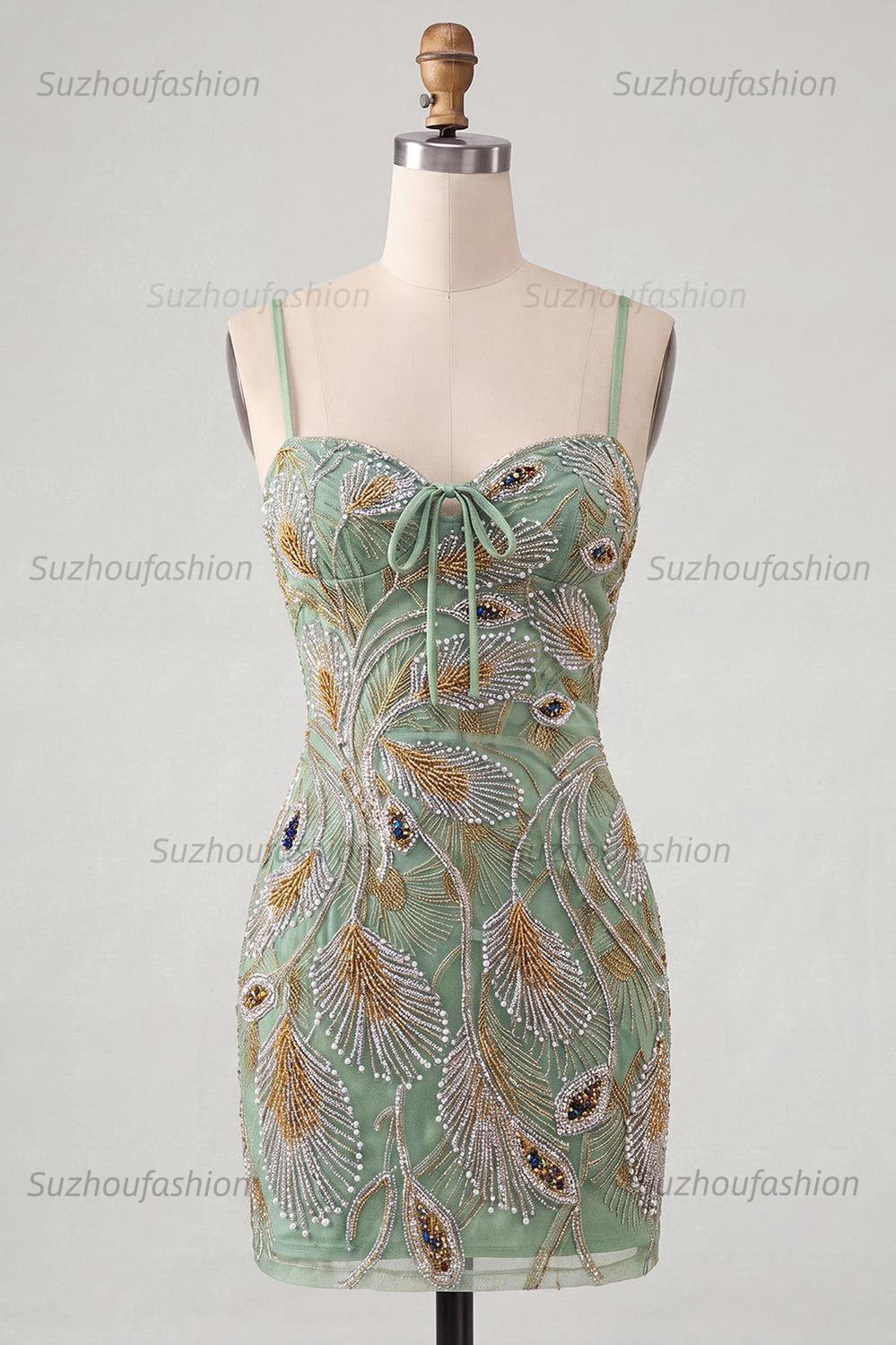 Suzhoufashion Beaded Sage Green Tight Short Homecoming Dress with Bow