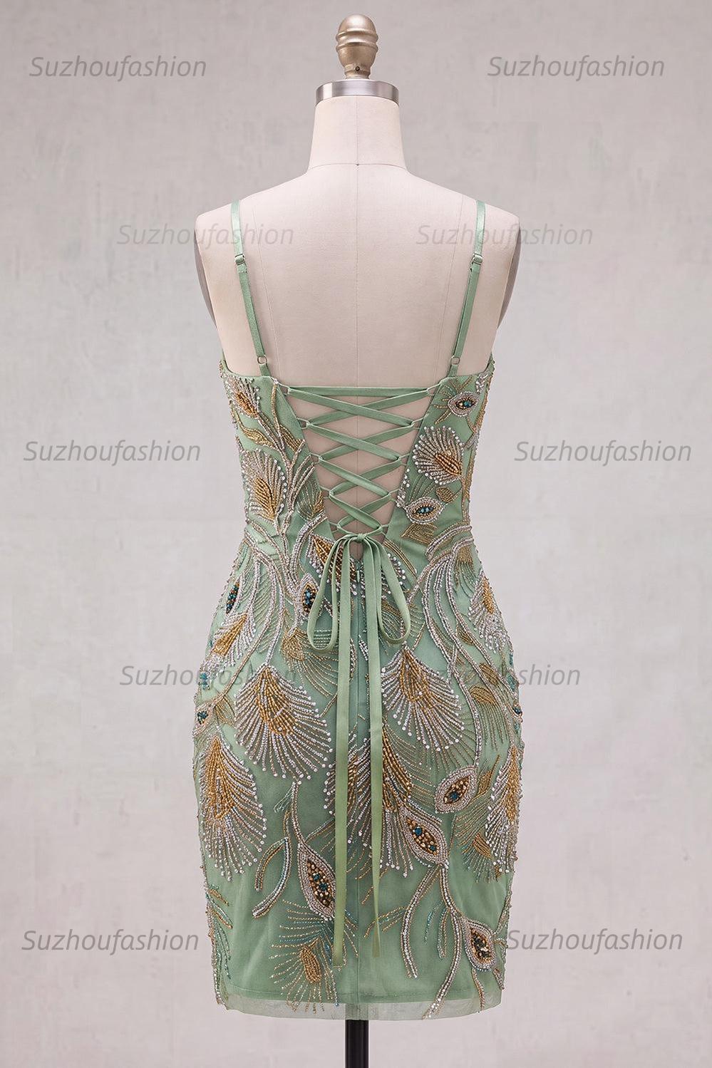 Suzhoufashion Beaded Sage Green Tight Short Homecoming Dress with Bow