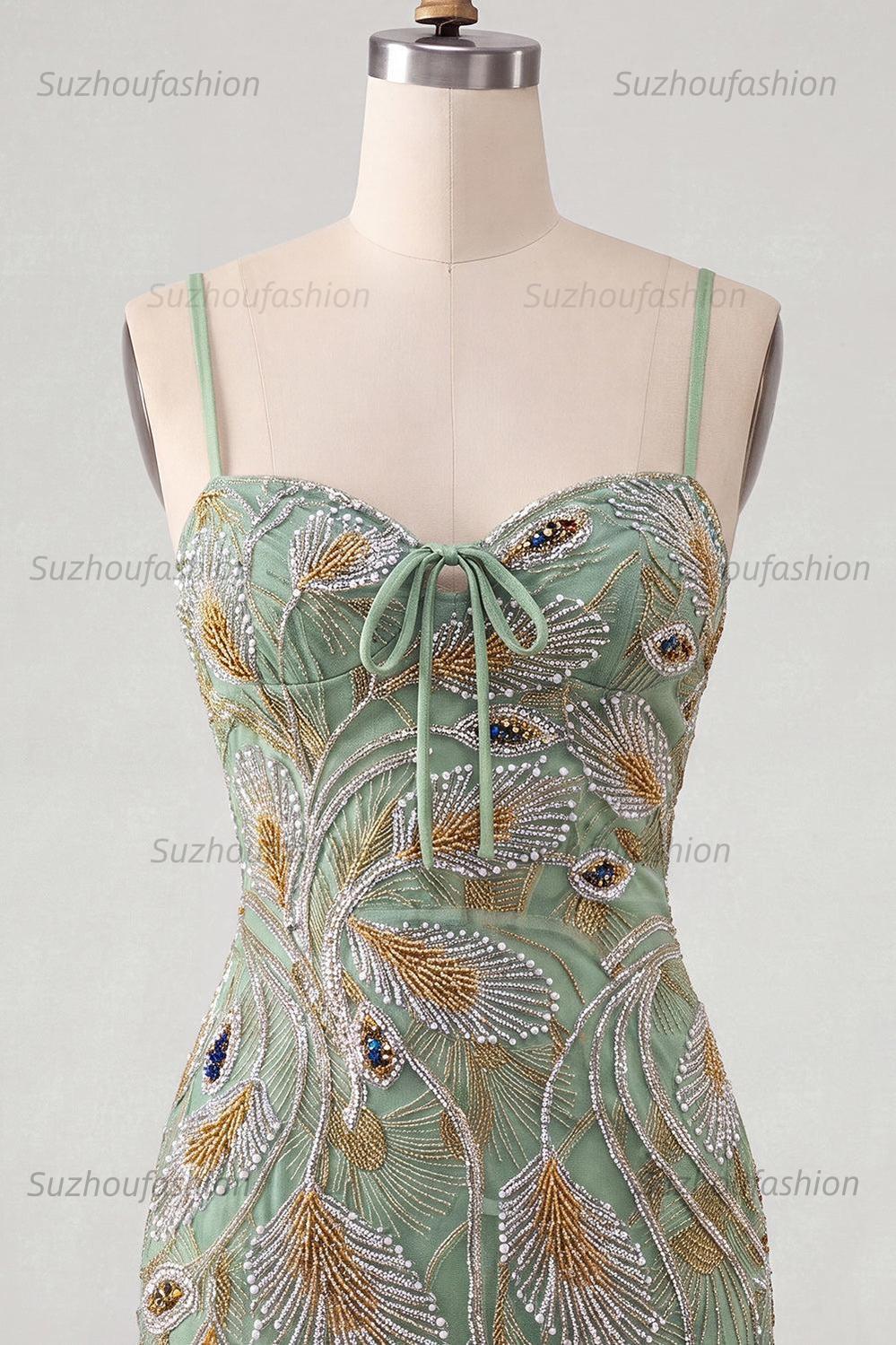 Suzhoufashion Beaded Sage Green Tight Short Homecoming Dress with Bow