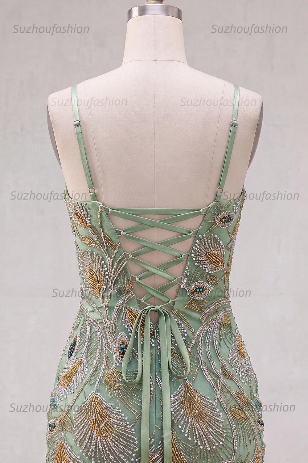 Suzhoufashion Beaded Sage Green Tight Short Homecoming Dress with Bow