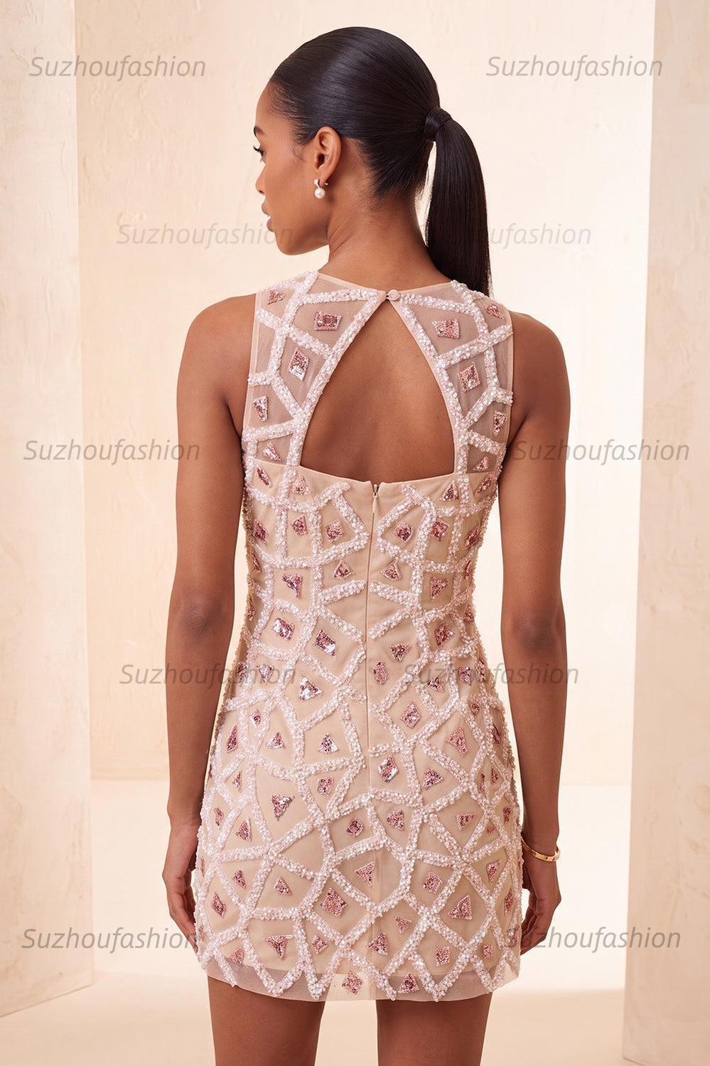 Suzhoufashion Beaded Sequin Blush Round Neck Tight Short Homecoming Dress