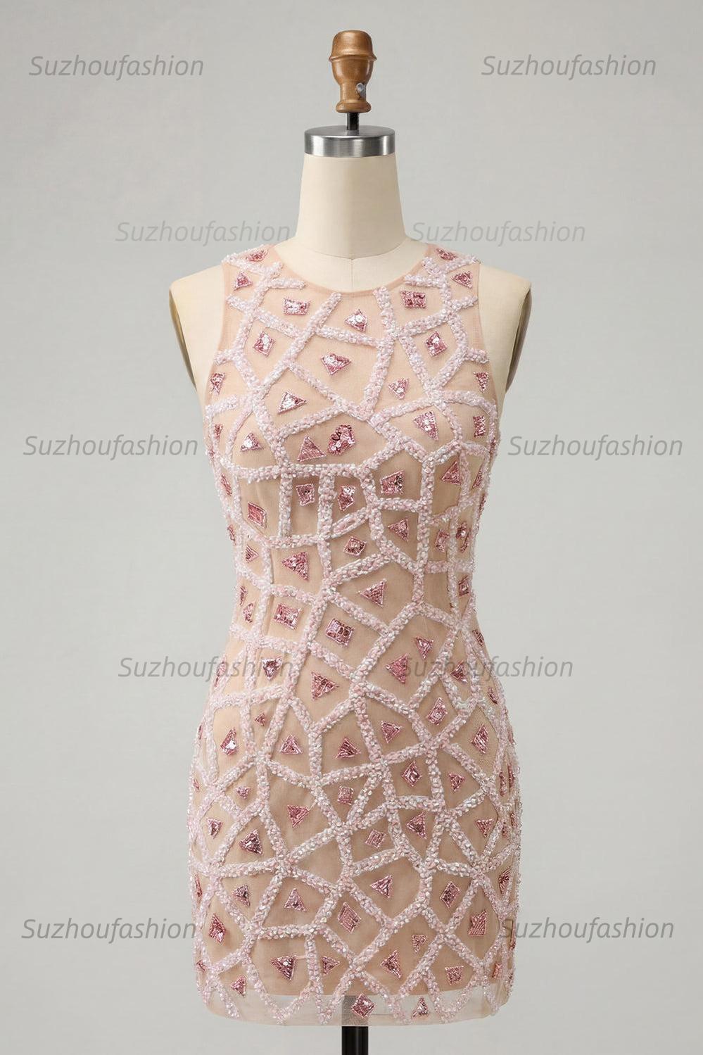 Suzhoufashion Beaded Sequin Blush Round Neck Tight Short Homecoming Dress
