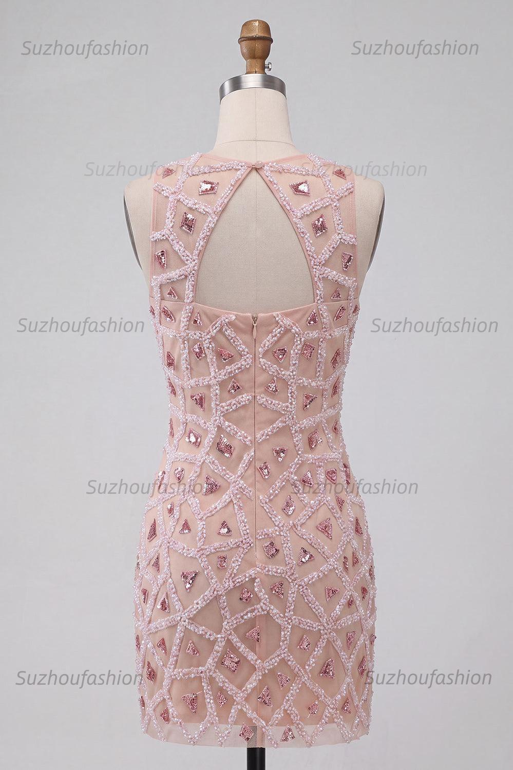 Suzhoufashion Beaded Sequin Blush Round Neck Tight Short Homecoming Dress