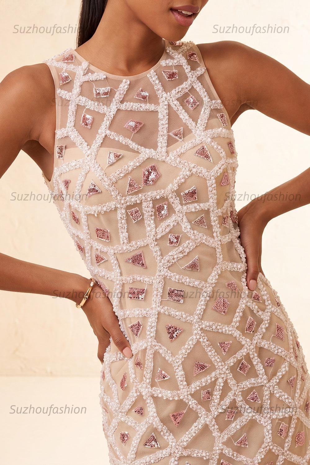 Suzhoufashion Beaded Sequin Blush Round Neck Tight Short Homecoming Dress