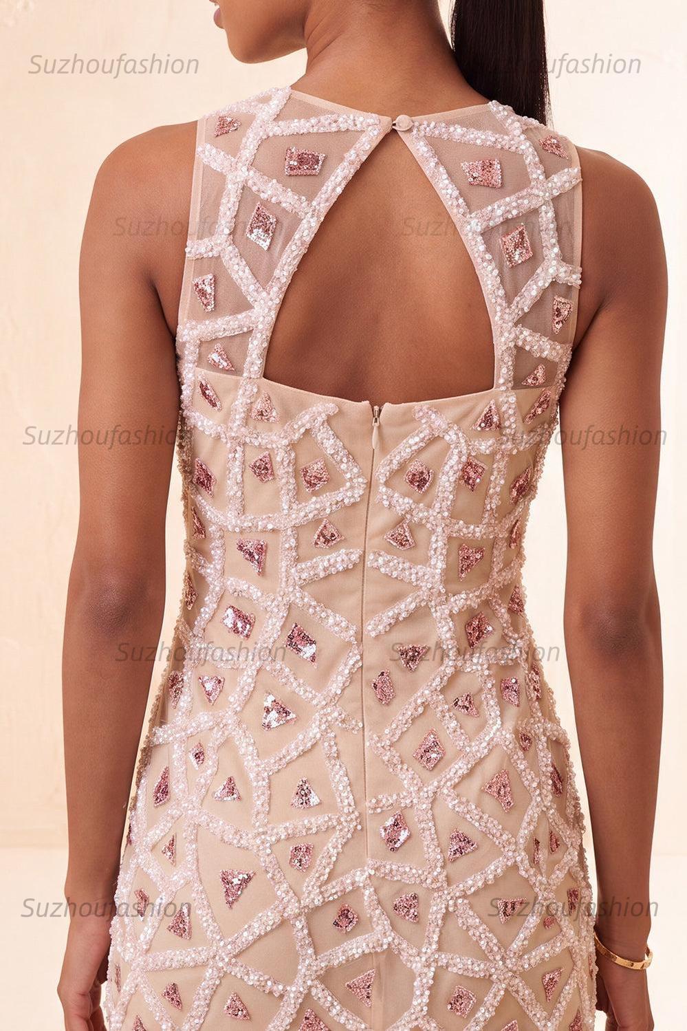 Suzhoufashion Beaded Sequin Blush Round Neck Tight Short Homecoming Dress