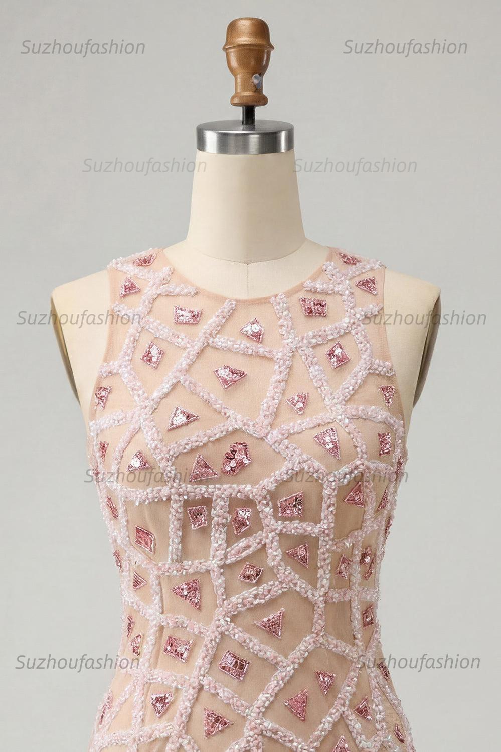 Suzhoufashion Beaded Sequin Blush Round Neck Tight Short Homecoming Dress