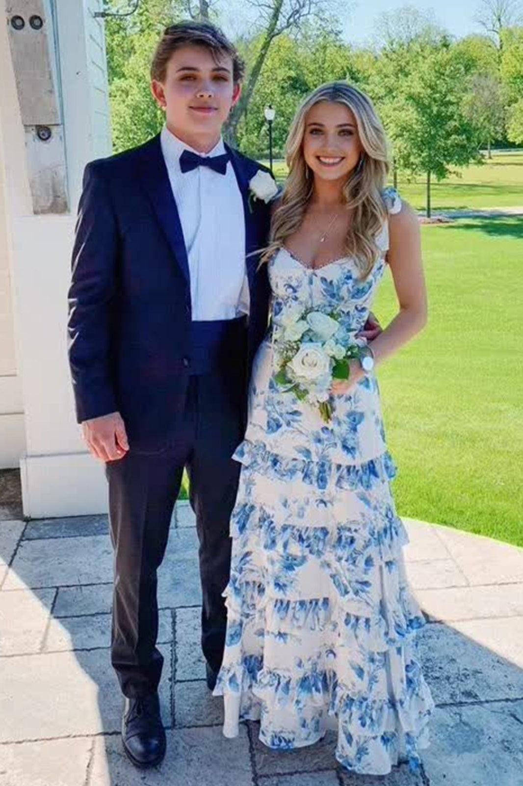 Suzhoufashion Beautiful A Line Sweetheart Blue Printed Long Prom Dress With Ruffles Formal Evening Gown