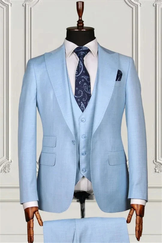Suzhoufashion Bespoke Sky Blue Formal Peaked Lapel Three Pieces Men Suits