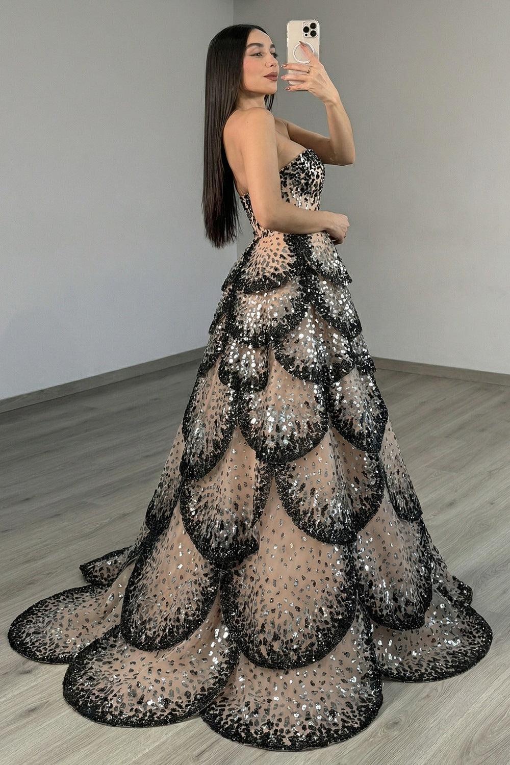 Suzhoufashion Black Apricot Tiered Prom Dress Strapless A Line Long Formal Dress With Sequin