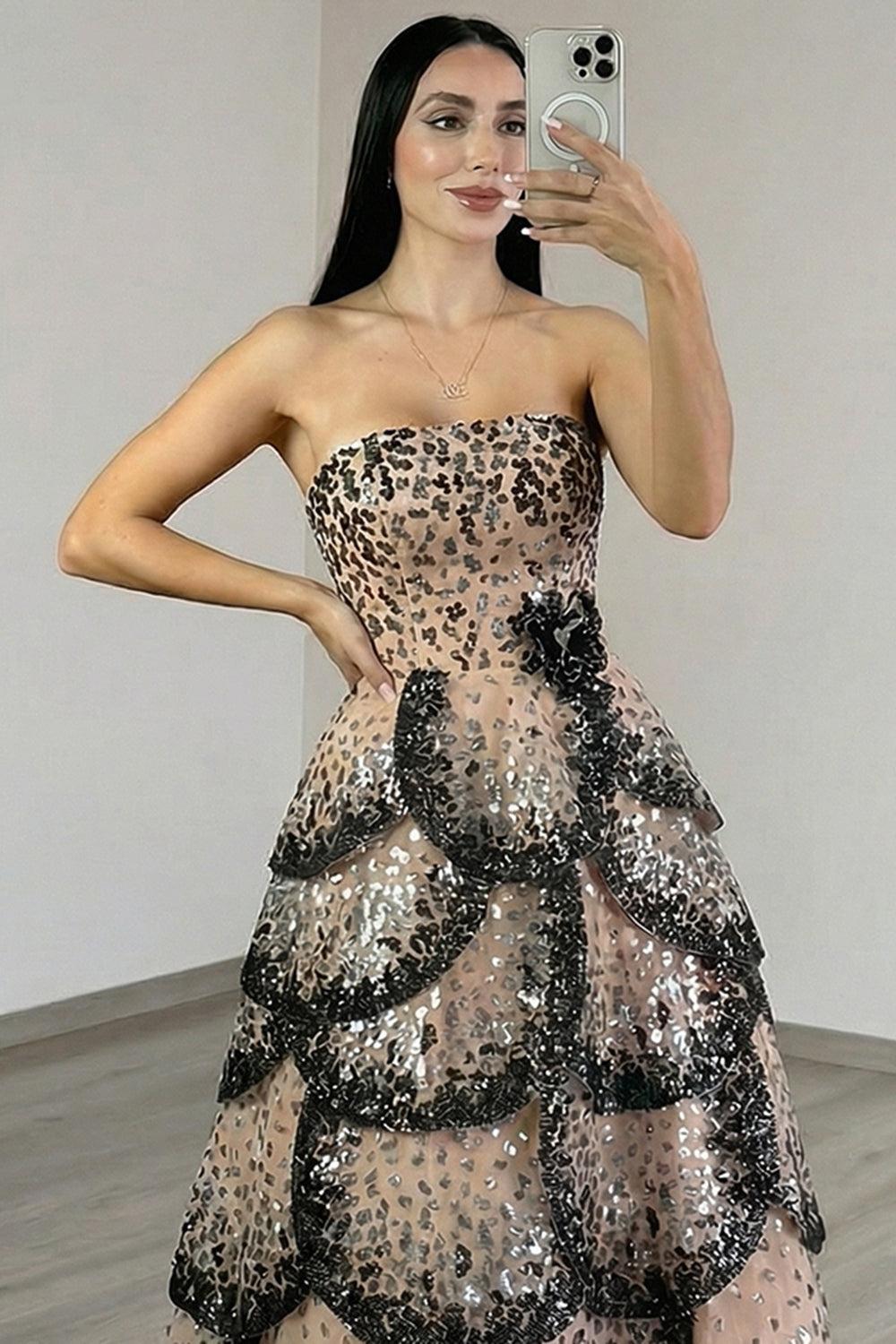 Suzhoufashion Black Apricot Tiered Prom Dress Strapless A Line Long Formal Dress With Sequin