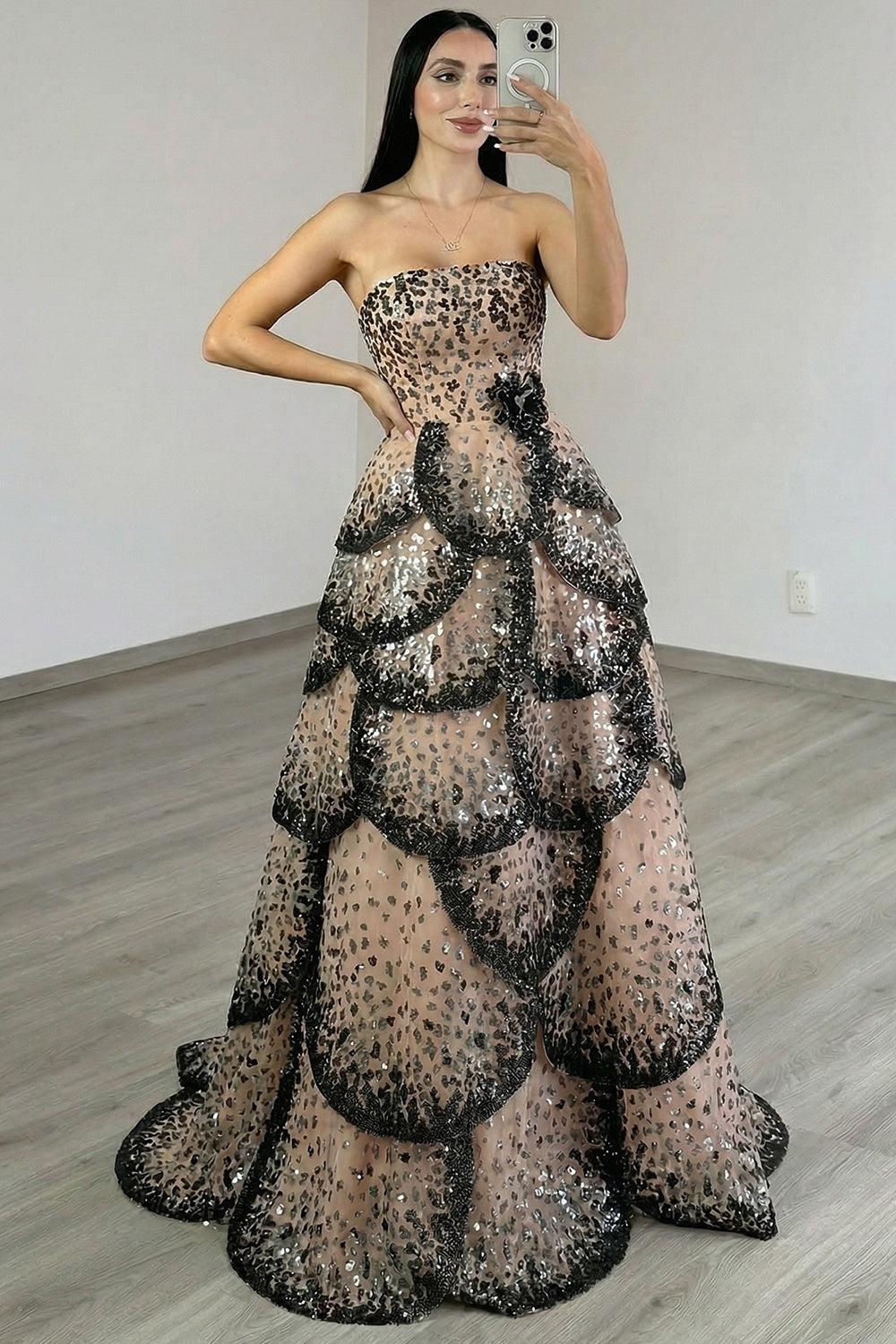 Suzhoufashion Black Apricot Tiered Prom Dress Strapless A Line Long Formal Dress With Sequin