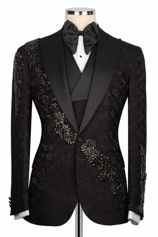 Suzhoufashion Black Crystals 3 Piece Jacquard Bespoke Prom Suits