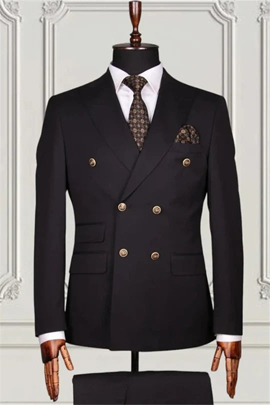 Suzhoufashion Black Double Breasted Peaked Lapel Men Suits