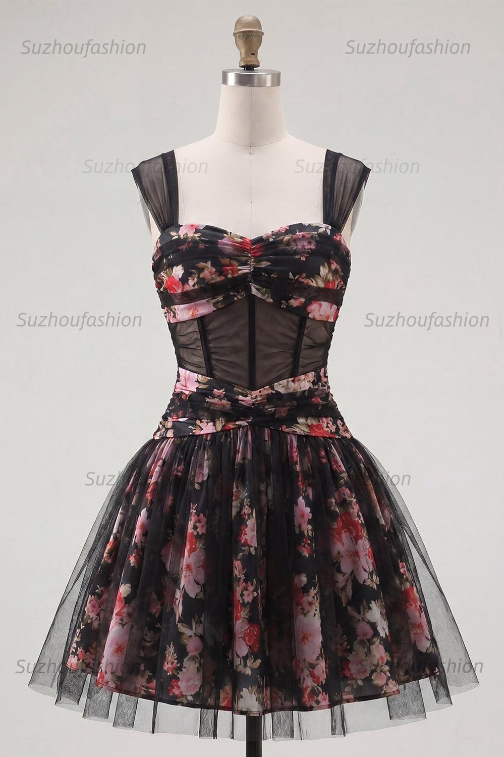 Suzhoufashion Black & Pink Floral Ruched Corset A-Line Short Homecoming Dress
