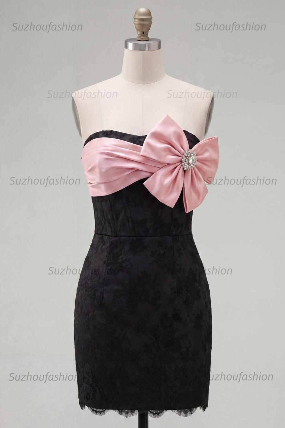 Suzhoufashion Black & Pink Floral Strapless Beaded Corset Tight Short Homecoming Dress with Bow