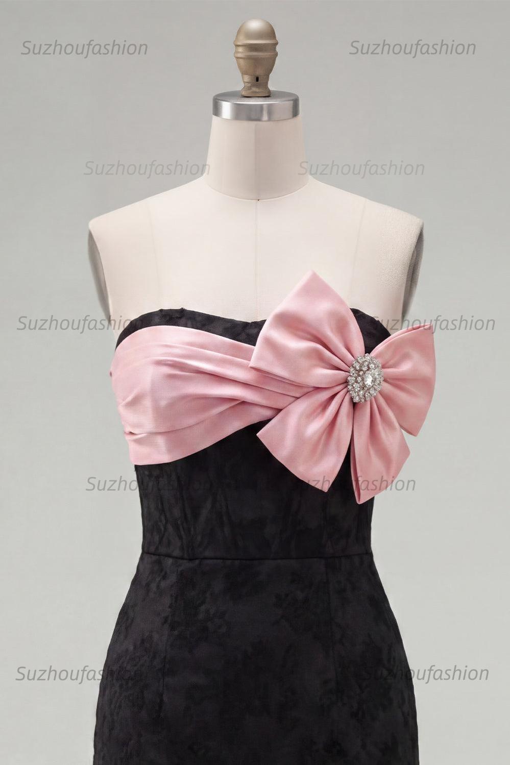 Suzhoufashion Black & Pink Floral Strapless Beaded Corset Tight Short Homecoming Dress with Bow