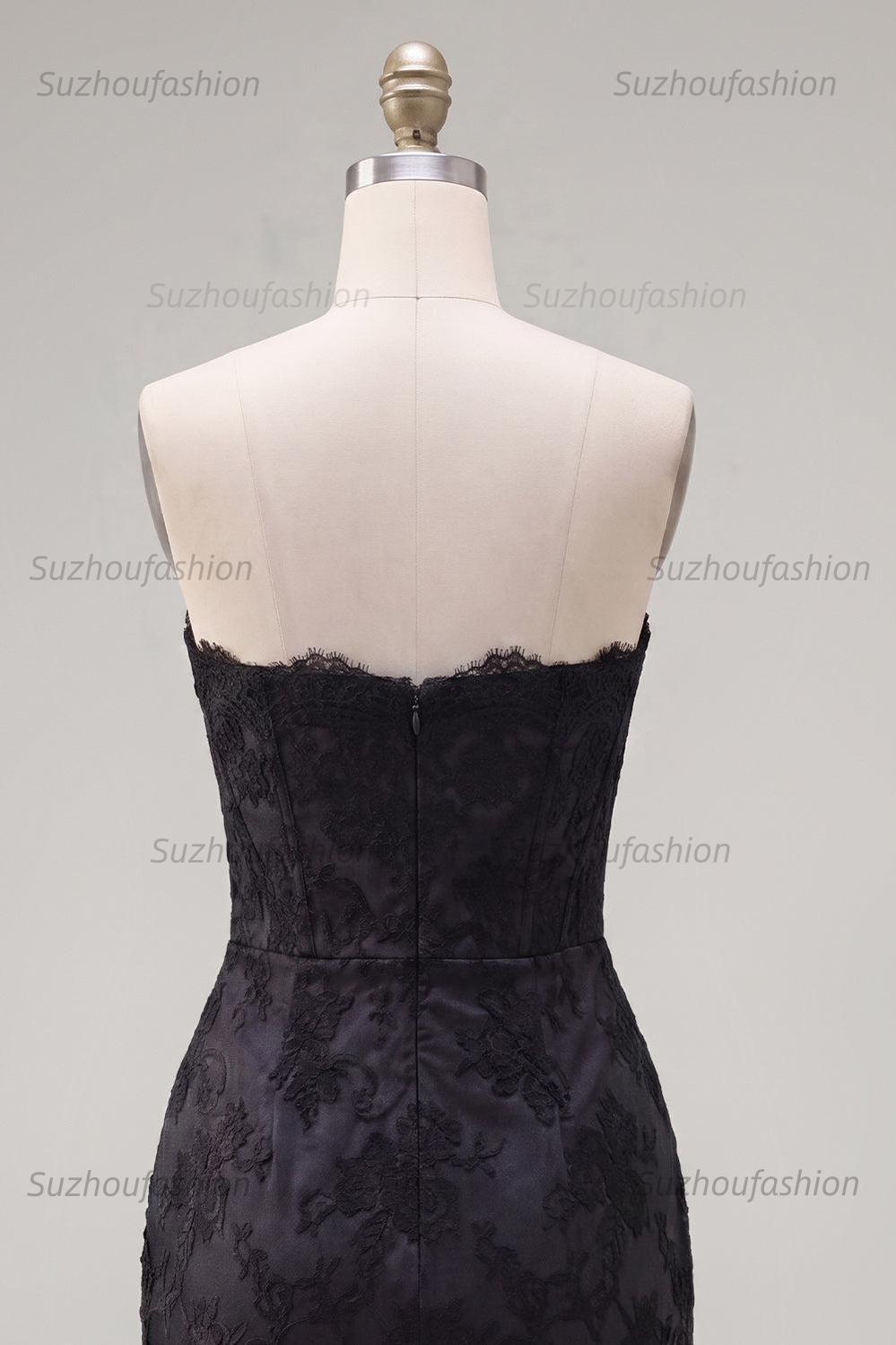 Suzhoufashion Black & Pink Floral Strapless Beaded Corset Tight Short Homecoming Dress with Bow