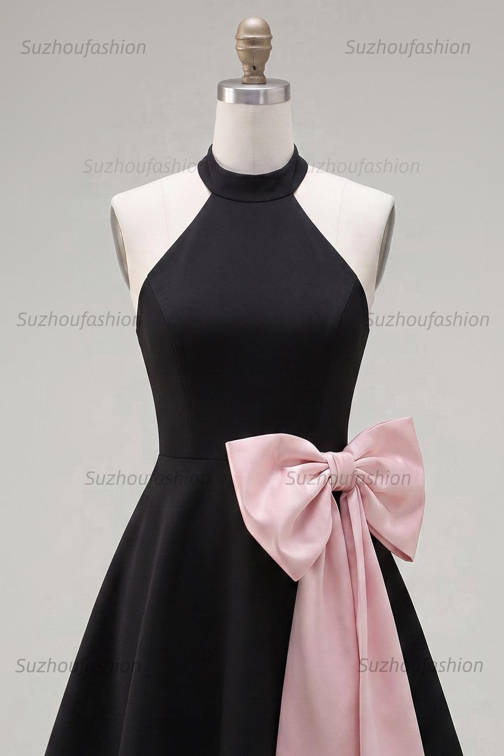 Suzhoufashion Black & Pink High Neck A-Line Short Homecoming Dress with Bow