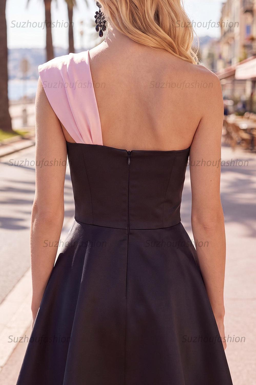 Suzhoufashion Black & Pink One Shoulder Beaded A-Line Short Homecoming Dress with Bow