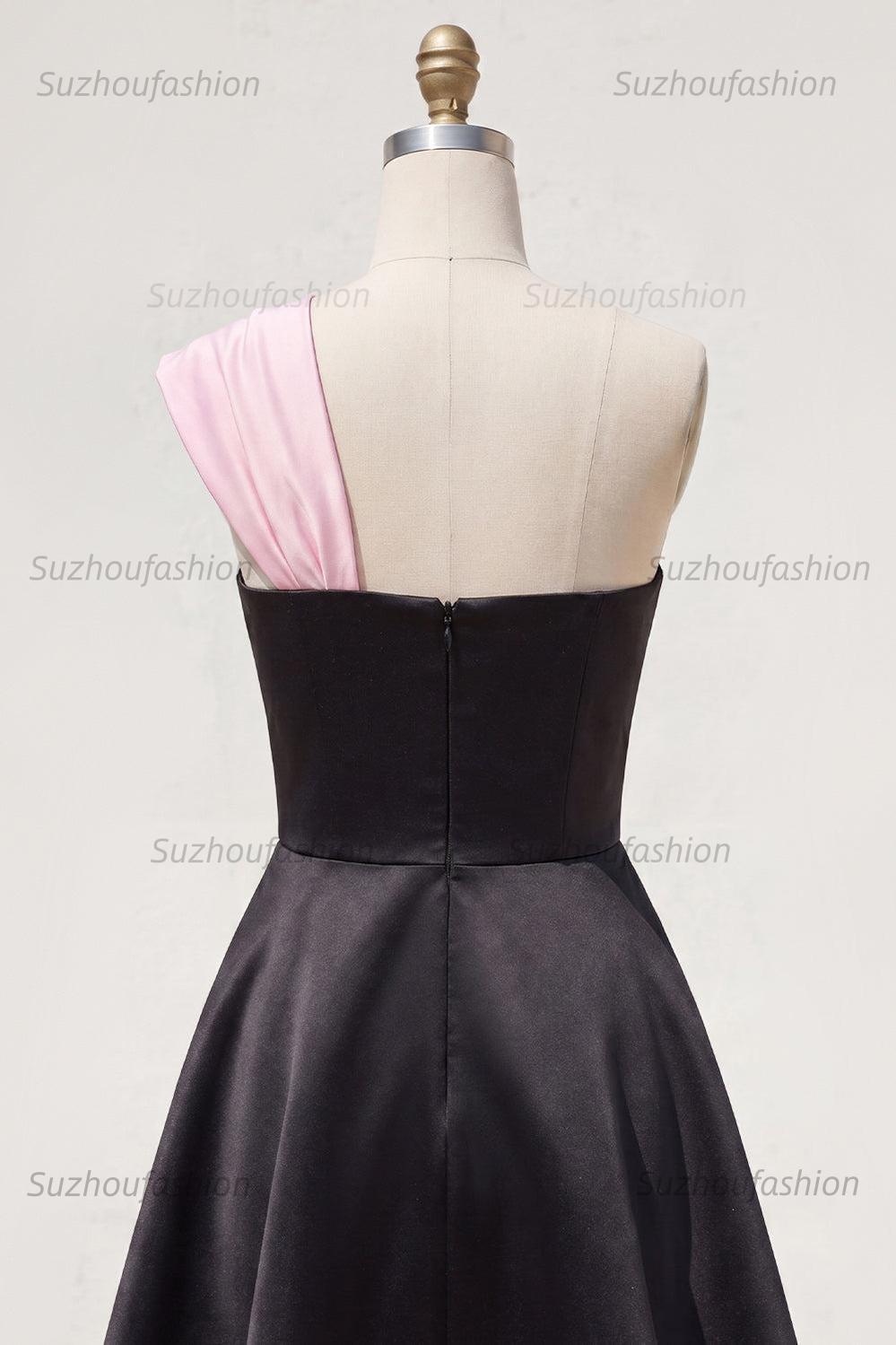 Suzhoufashion Black & Pink One Shoulder Beaded A-Line Short Homecoming Dress with Bow