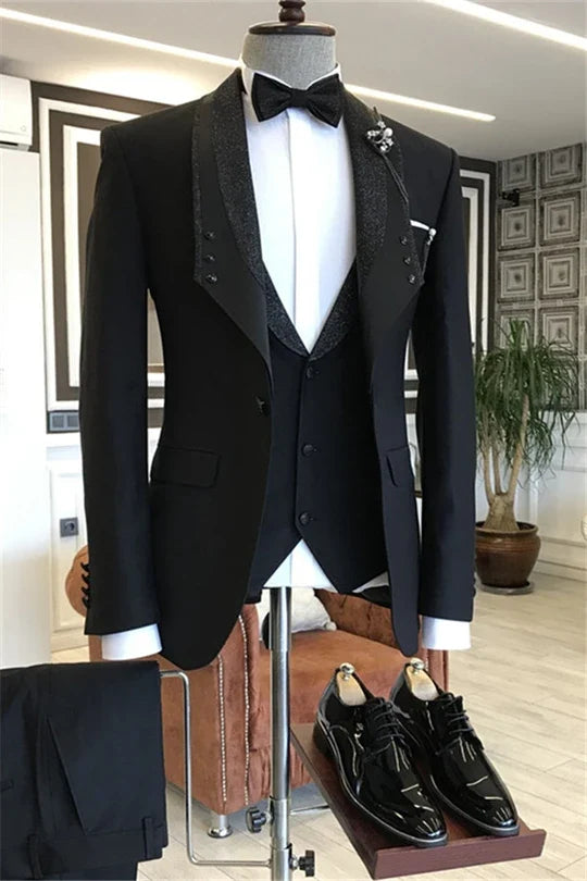 Suzhoufashion Black Shawl Lapel Slim Fit Bespoke Wedding Suits