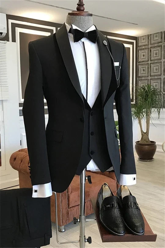 Suzhoufashion Black Shawl Lapel Three Pieces Slim Fit One Button Wedding Men Suits