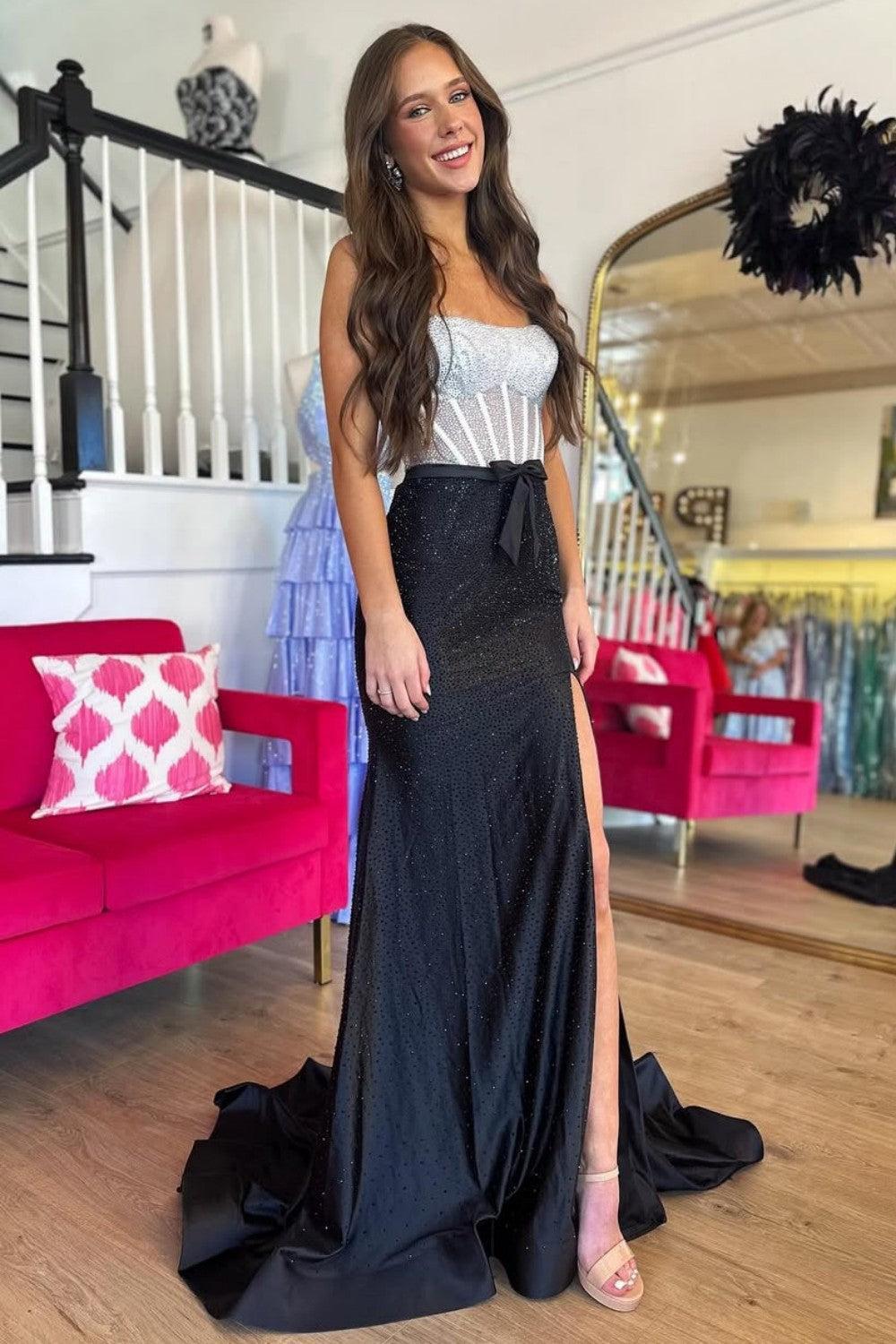 Suzhoufashion Black & Silver Strapless Structured Corset Top Beading Prom Dress With High Slit Formal Evening Gown