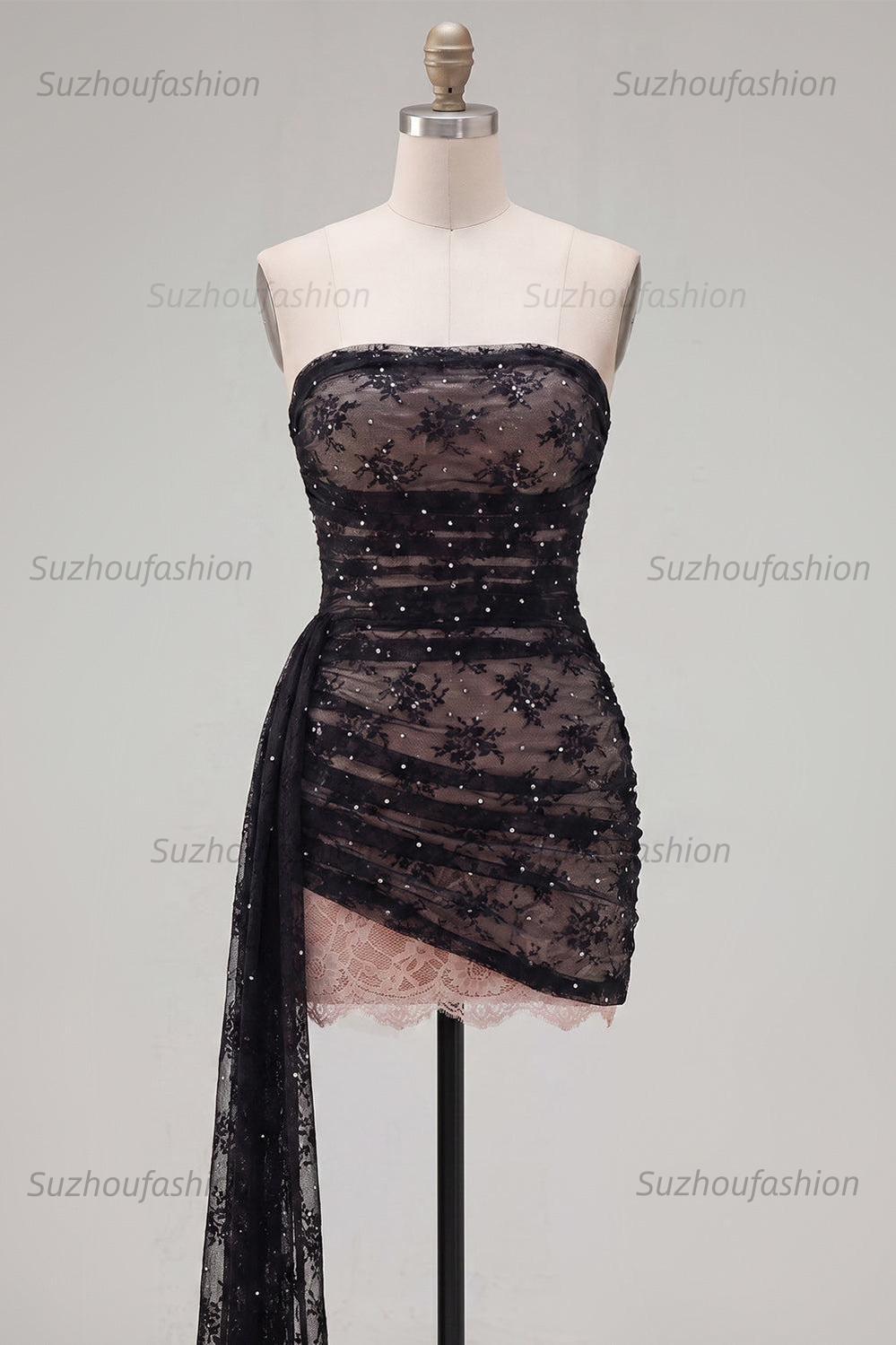Suzhoufashion Black Strapless Beaded Tight Short Homecoming Dress with Sash