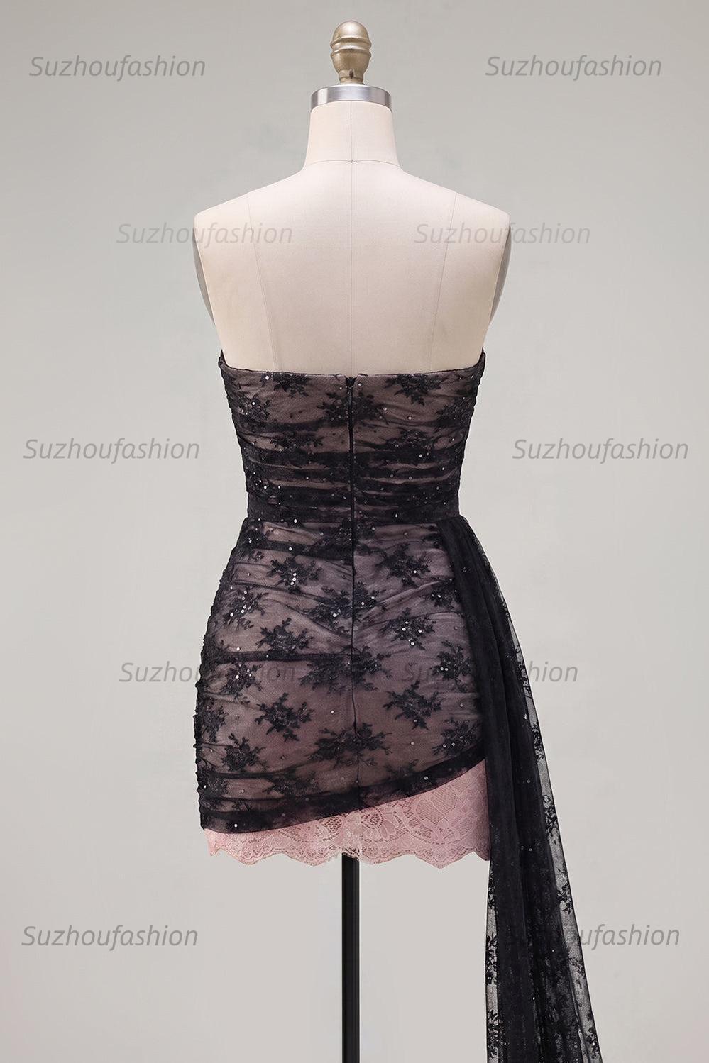 Suzhoufashion Black Strapless Beaded Tight Short Homecoming Dress with Sash