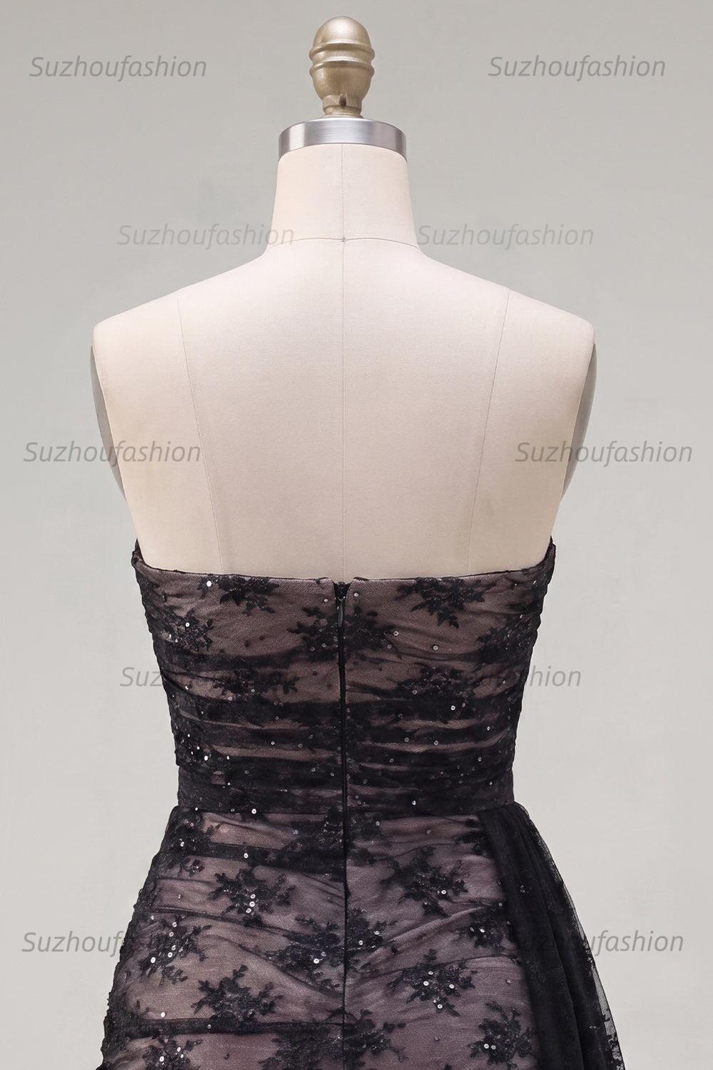 Suzhoufashion Black Strapless Beaded Tight Short Homecoming Dress with Sash