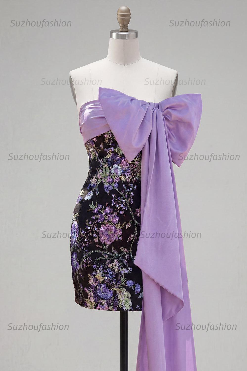 Suzhoufashion Black Strapless Sequin Floral Tight Short Homecoming Dress with Bow