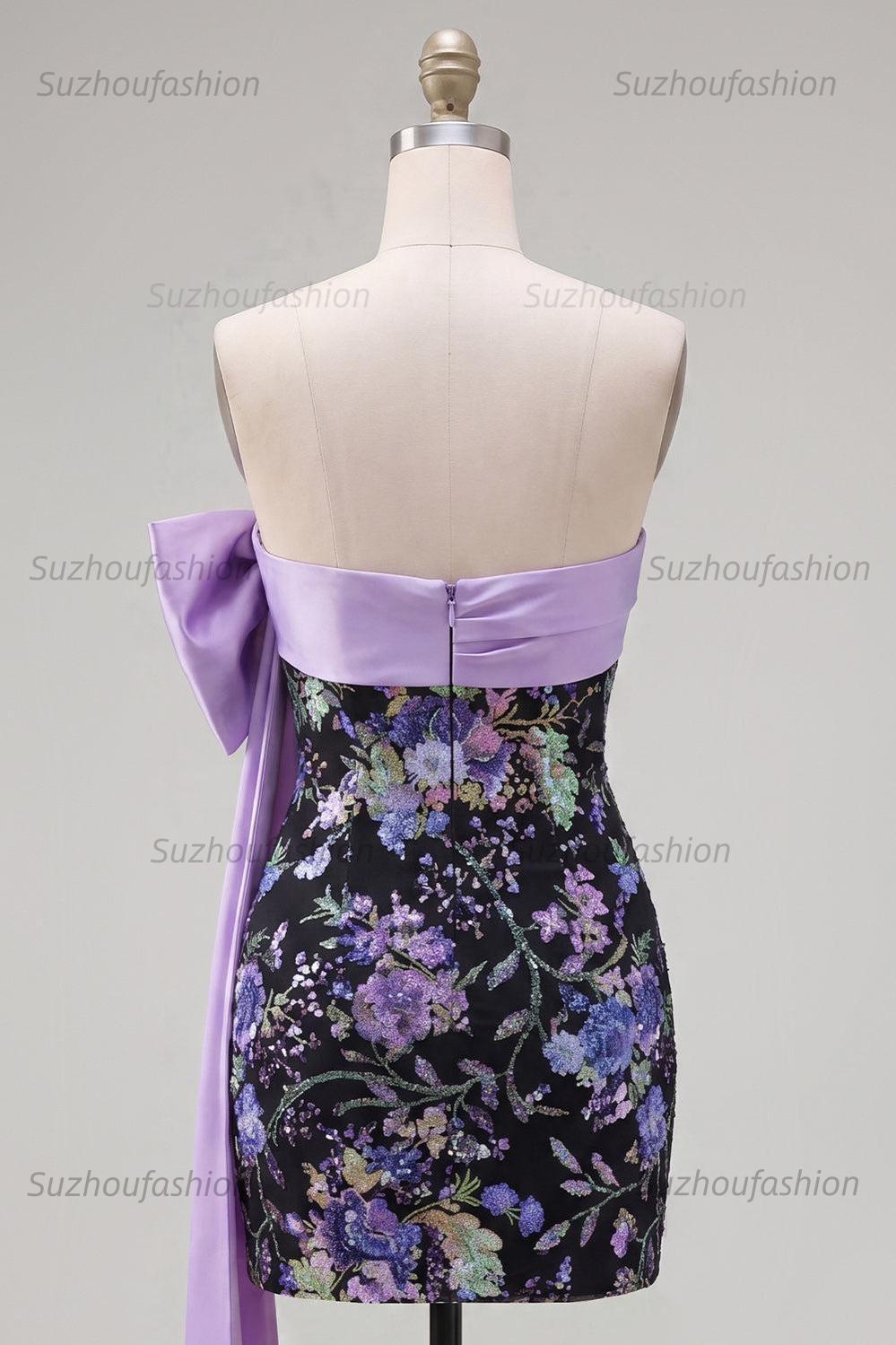 Suzhoufashion Black Strapless Sequin Floral Tight Short Homecoming Dress with Bow