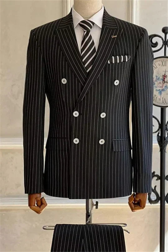 Suzhoufashion Black Striped Double Breasted Best Fitted Prom Men Suits