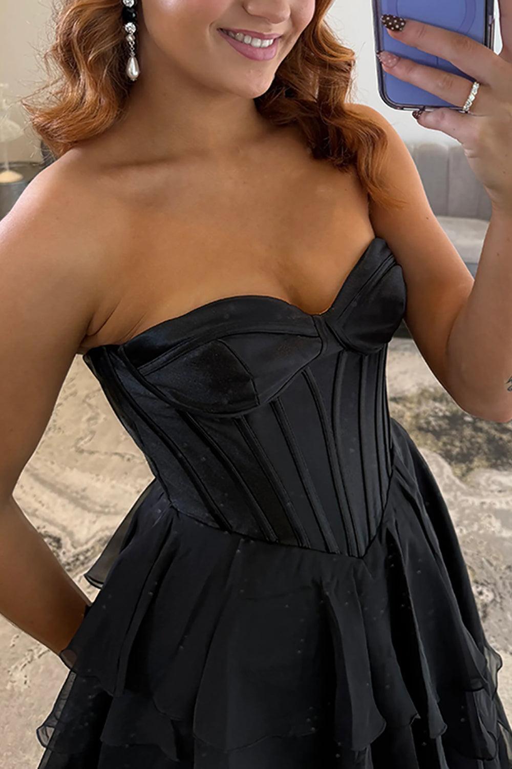 Suzhoufashion Black Sweetheart Prom Dress Corset Tiered Chiffon Long Formal Dress With Slit