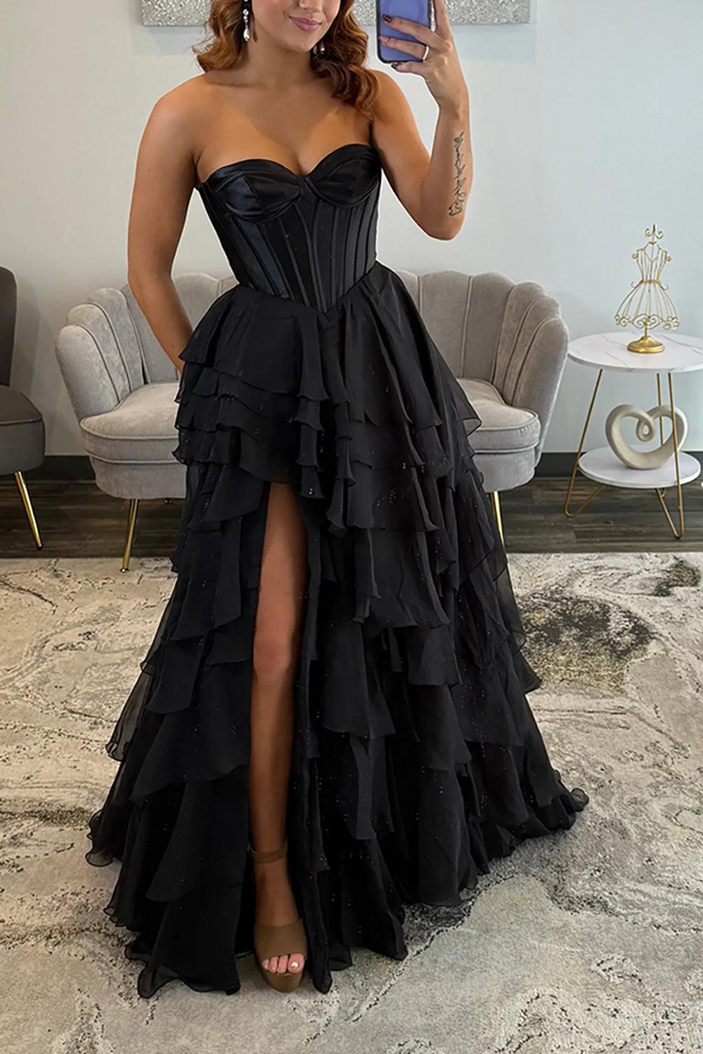 Suzhoufashion Black Sweetheart Prom Dress Corset Tiered Chiffon Long Formal Dress With Slit