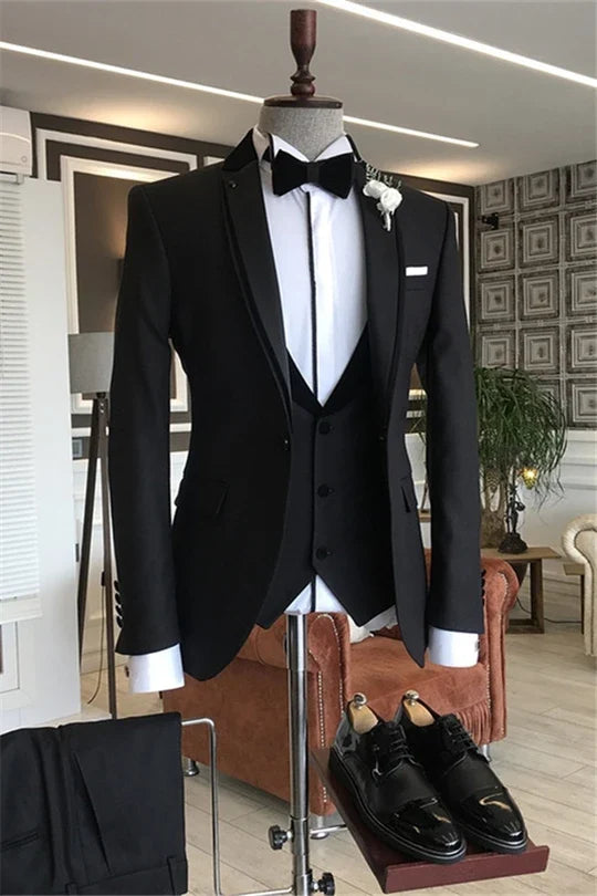 Suzhoufashion Black Three Pieces Close Fitting Prom Men Suits With Jacquard Lapel