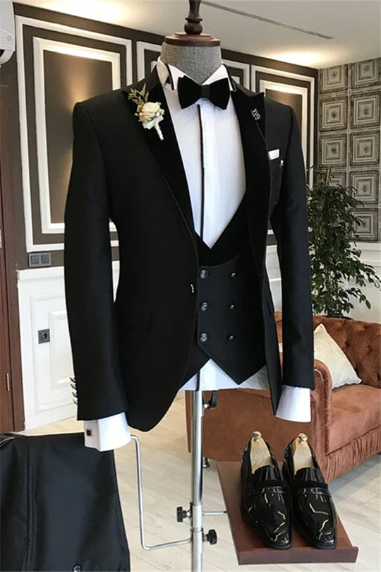 Suzhoufashion Black Three Pieces Peaked Lapel Wedding Men Suits
