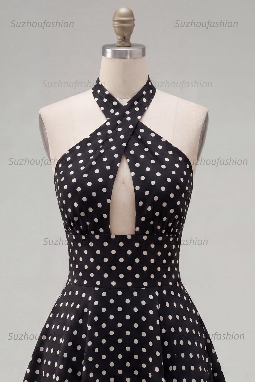 Suzhoufashion Black & White Polka Dot Halter Keyhole A-Line Short Homecoming Dress